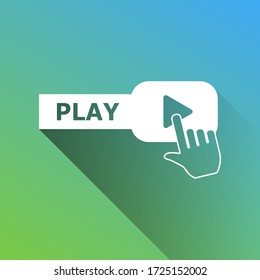 Play button icon with hand sign. White Icon with gray dropped limitless shadow on green to blue background. Illustration.