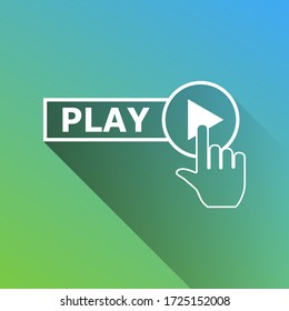 Play button icon with hand sign. White Icon with gray dropped limitless shadow on green to blue background. Illustration.
