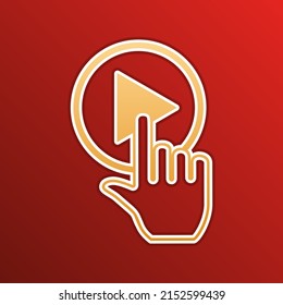 Icono del botón Reproducir con signo de mano. Icono de gradiente dorado con contornos sobre fondo recto. Ilustración.