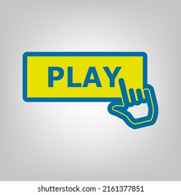 Play button icon with hand sign. Icon in colors of Ukraine flag (yellow, blue) at gray Background. Illustration.