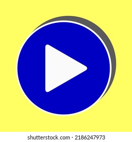 Icono del botón Reproducir con signo de mano. Icono azul con trazo blanco en 3d en fondo amarillo. Ilustración.