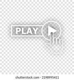 Play button icon with hand sign. White Icon with dropped natural gray Shadow at transparent Background. Illustration.