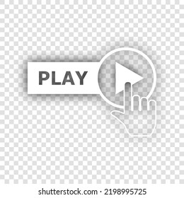 Play button icon with hand sign. White Icon with dropped natural gray Shadow at transparent Background. Illustration.