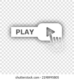 Play button icon with hand sign. White Icon with dropped natural gray Shadow at transparent Background. Illustration.