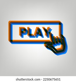 Play button icon with hand sign. Stroked Icon in orange, azure and old lavender Colors at gray Background. Illustration.