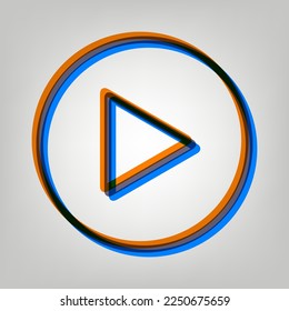 Play button icon with hand sign. Stroked Icon in orange, azure and old lavender Colors at gray Background. Illustration.