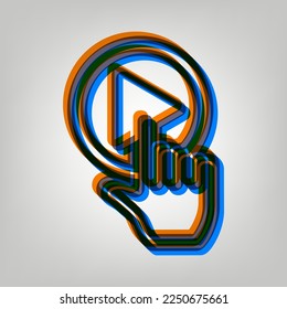 Play button icon with hand sign. Stroked Icon in orange, azure and old lavender Colors at gray Background. Illustration.