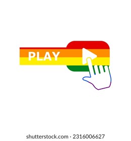 Play button icon with hand sign. Rainbow gay LGBT rights colored Icon at white Background. Illustration.