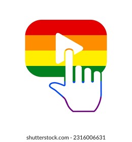Play button icon with hand sign. Rainbow gay LGBT rights colored Icon at white Background. Illustration.