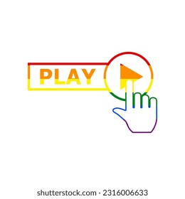 Play button icon with hand sign. Rainbow gay LGBT rights colored Icon at white Background. Illustration.