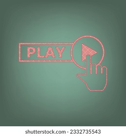 Play button icon with hand sign. Apricot Icon with Brick Red parquet floor graphic pattern on a Ebony background. Feldgrau. Green. Illustration.