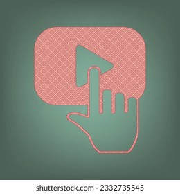 Play button icon with hand sign. Apricot Icon with Brick Red parquet floor graphic pattern on a Ebony background. Feldgrau. Green. Illustration.