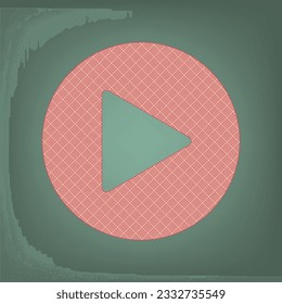 Play button icon with hand sign. Apricot Icon with Brick Red parquet floor graphic pattern on a Ebony background. Feldgrau. Green. Illustration.