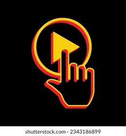 Play button icon with hand sign. 3D Extruded Yellow Icon with Red Sides a Black background. Illustration.