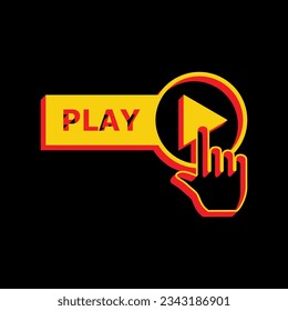 Play button icon with hand sign. 3D Extruded Yellow Icon with Red Sides a Black background. Illustration.
