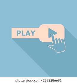 Play button icon with hand sign. Unbleached silk Icon with very long shadow at dark sky blue background. Illustration.