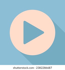 Play button icon with hand sign. Unbleached silk Icon with very long shadow at dark sky blue background. Illustration.