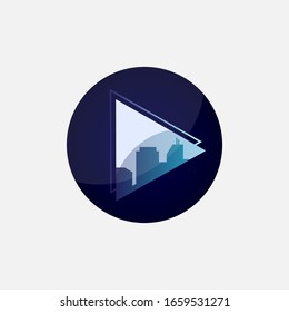 Play Button Icon Isolated On White. City Skyline Silhouette Reflected In The Triangle