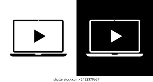 Play button icon on laptop screen. Video player on notebook display. Vector illustration
