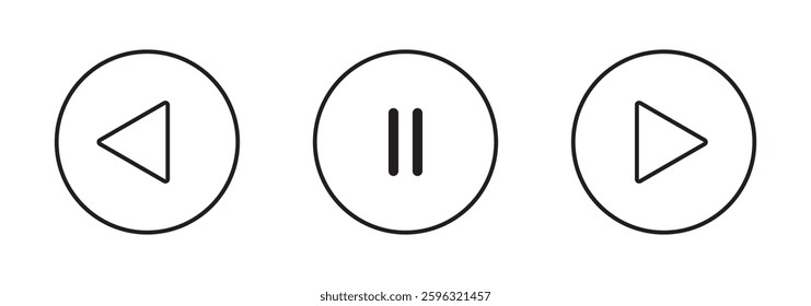 Play button icon. Play, pause, Next and previous symbols. Black and White Play button icon on white background. Vector illustration.