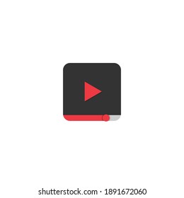 Play button icon with red triangle play sign on black rectangle button for icon and user interface