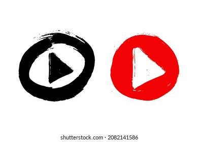 Play button icon set. Black and red ink brush stroke symbol on white background. Live streaming media concept sign. Vector illustration