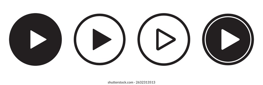Ícone do botão Reproduzir definido. Iniciar o símbolo de ação de áudio ou vídeo. Ilustração vetorial. Conceito de reprodutor de vídeo . Reproduzir conjunto de ícones. Elementos para reprodutor de vídeo. Botão para pressionar, iniciar, clicar ou gravar. ícone do reprodutor de vídeo 
