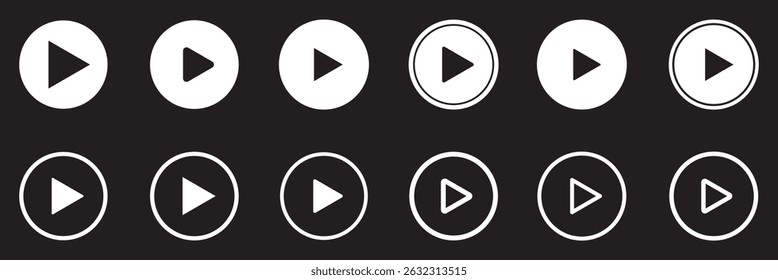 Ícone do botão Reproduzir definido. Iniciar o símbolo de ação de áudio ou vídeo. Ilustração vetorial. Conceito de reprodutor de vídeo . Reproduzir conjunto de ícones. Elementos para reprodutor de vídeo. Botão para pressionar, iniciar, clicar ou gravar. ícone do reprodutor de vídeo 