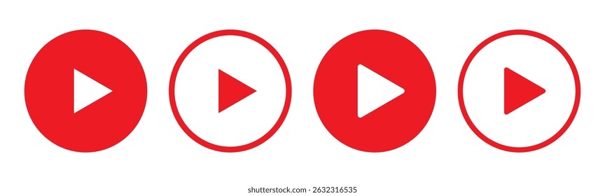 Ícone do botão Reproduzir definido. Iniciar o símbolo de ação de áudio ou vídeo. Conceito de reprodutor de vídeo . Ícone do botão Vermelho Reproduzir. Elementos para reprodutor de vídeo. Botão para pressionar, iniciar, clicar ou gravar. ícone do reprodutor de vídeo em vermelho.