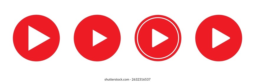Ícone do botão Reproduzir definido. Iniciar o símbolo de ação de áudio ou vídeo. Conceito de reprodutor de vídeo . Ícone do botão Vermelho Reproduzir. Elementos para reprodutor de vídeo. Botão para pressionar, iniciar, clicar ou gravar. ícone do reprodutor de vídeo em vermelho.