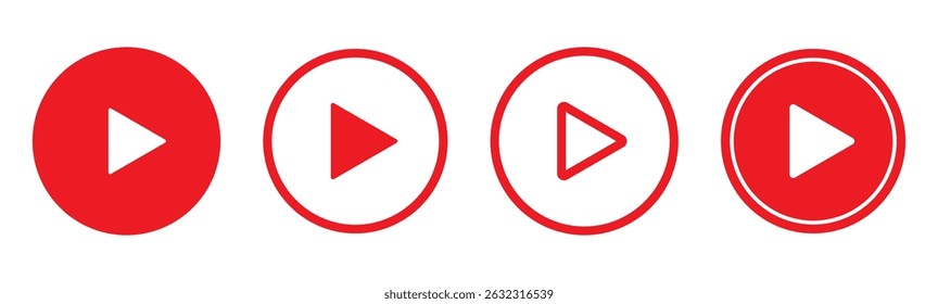 Ícone do botão Reproduzir definido. Iniciar o símbolo de ação de áudio ou vídeo. Conceito de reprodutor de vídeo . Ícone do botão Vermelho Reproduzir. Elementos para reprodutor de vídeo. Botão para pressionar, iniciar, clicar ou gravar. ícone do reprodutor de vídeo em vermelho.