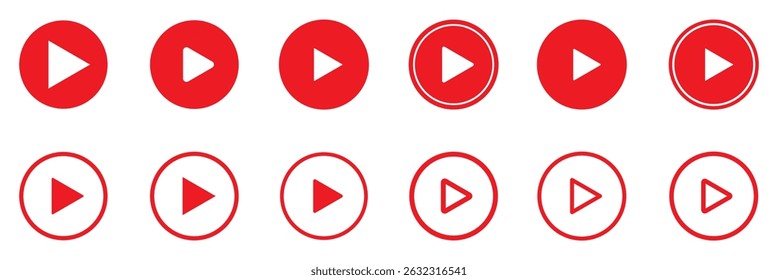 Ícone do botão Reproduzir definido. Iniciar o símbolo de ação de áudio ou vídeo. Conceito de reprodutor de vídeo . Ícone do botão Vermelho Reproduzir. Elementos para reprodutor de vídeo. Botão para pressionar, iniciar, clicar ou gravar. ícone do reprodutor de vídeo em vermelho.