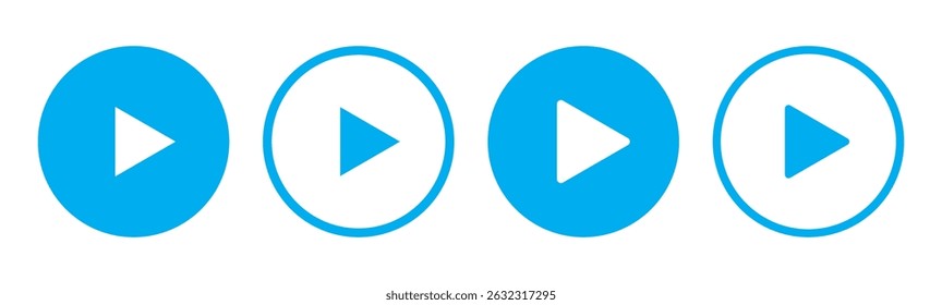 Ícone do botão Reproduzir definido. Iniciar o símbolo de ação de áudio ou vídeo. Conceito de reprodutor de vídeo. Ícone do botão Azul Reproduzir. Elementos para reprodutor de vídeo. Botão para pressionar, iniciar, clicar ou gravar. ícone do reprodutor de vídeo em azul.