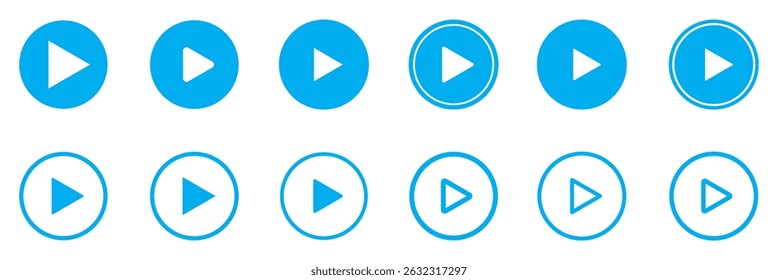 Ícone do botão Reproduzir definido. Iniciar o símbolo de ação de áudio ou vídeo. Conceito de reprodutor de vídeo. Ícone do botão Azul Reproduzir. Elementos para reprodutor de vídeo. Botão para pressionar, iniciar, clicar ou gravar. ícone do reprodutor de vídeo em azul.