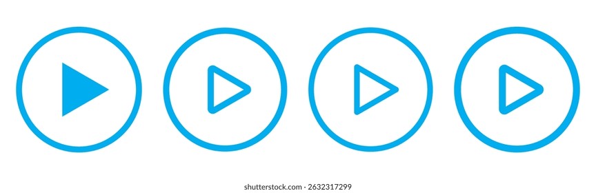 Ícone do botão Reproduzir definido. Iniciar o símbolo de ação de áudio ou vídeo. Conceito de reprodutor de vídeo. Ícone do botão Azul Reproduzir. Elementos para reprodutor de vídeo. Botão para pressionar, iniciar, clicar ou gravar. ícone do reprodutor de vídeo em azul.