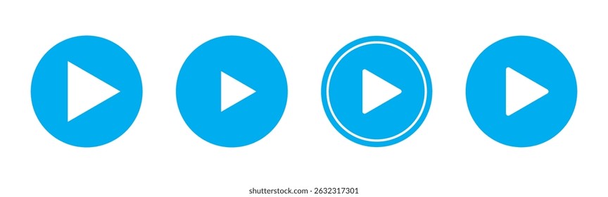 Ícone do botão Reproduzir definido. Iniciar o símbolo de ação de áudio ou vídeo. Conceito de reprodutor de vídeo. Ícone do botão Azul Reproduzir. Elementos para reprodutor de vídeo. Botão para pressionar, iniciar, clicar ou gravar. ícone do reprodutor de vídeo em azul.