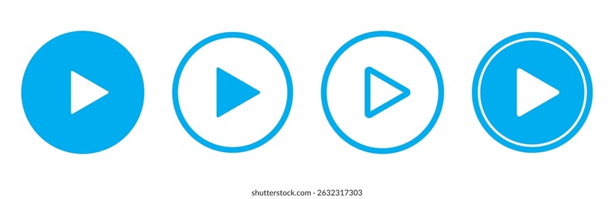 Ícone do botão Reproduzir definido. Iniciar o símbolo de ação de áudio ou vídeo. Conceito de reprodutor de vídeo. Ícone do botão Azul Reproduzir. Elementos para reprodutor de vídeo. Botão para pressionar, iniciar, clicar ou gravar. ícone do reprodutor de vídeo em azul.