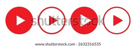 Play button icon set. Start audio or video action symbol. Video player concept . Red Play button Icon. Elements for video player. Push, start, click or record button. video player icon in red colour.