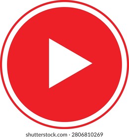 Play button icon symbol. Vector art of media player control. Red circle with red outline and white triangle pointer. Represents start, music, and video playback. Transparent background, easy to use.