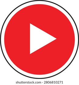 Play button icon symbol. Vector art of media player control. Red circle with black outline and white triangle pointer. Represents start, music, and video playback. Transparent background.
