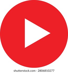 Play button icon symbol. Vector art of media player control. Red circle graphic with white triangle pointer. Represents start, music, and video playback. Transparent background, easy to use.