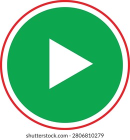 Play button icon symbol. Vector art of media player control. Green circle with red outline and white triangle pointer. Represents start, music, and video playback. Transparent background.