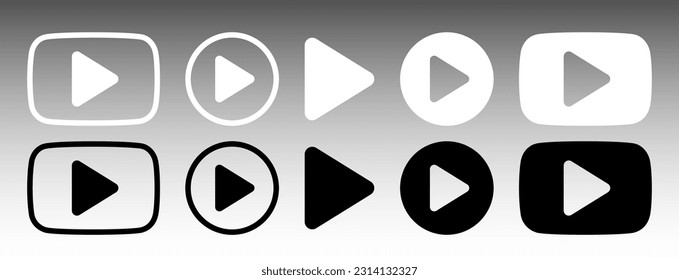 Play button icon vector set. White and black buttons.