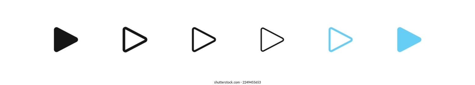 Icono del botón Reproducir. Símbolos de los reproductores de vídeo y audio. Iniciar signos. Haga clic en iconos multimedia. Color negro y azul. Signo aislado del vector.