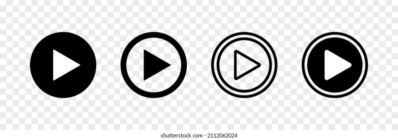 Play Button. Icon Of Play Video And Film. Set Of Arrow In Circles Isolated On Transparent Background. Symbol Of Start, Player And Play. Click To Button For Music Or Movie. Vector.