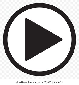 Play button icon. Video and music play icon. A triangle within a circle is a media player symbol. Video and audio multimedia reproduction. Isolated vector illustration on transparent background.EPS10.