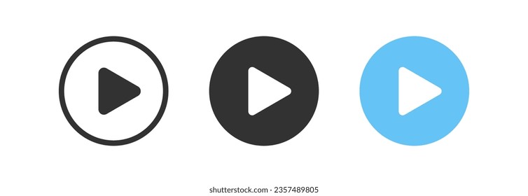 Icono del botón Reproducir. Vídeo en señales de monitor. Símbolo del reproductor de audio. Iniciar símbolos musicales. Los medios hacen clic en iconos. Color negro, azul. Signo aislado del vector.