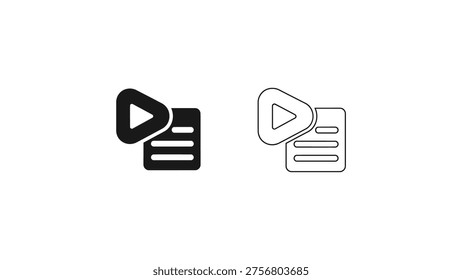 Play button icons combined with document symbols in black and white outline styles