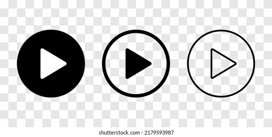 Play button icons isolated on transparent background. Black arrow symbol in a circle. Vector illustration.