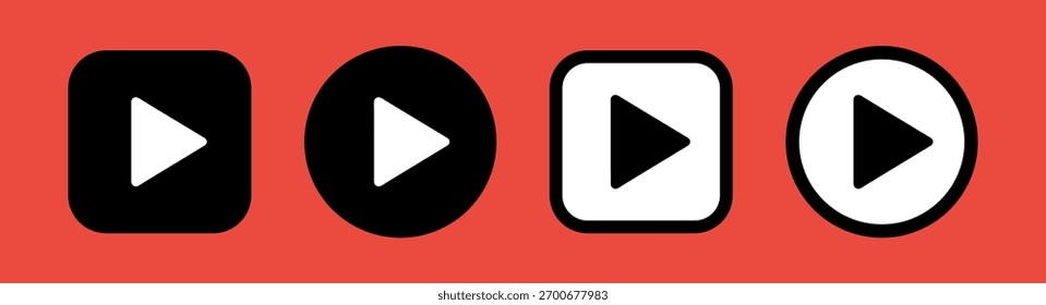 Play button icons set black and white collection on red background